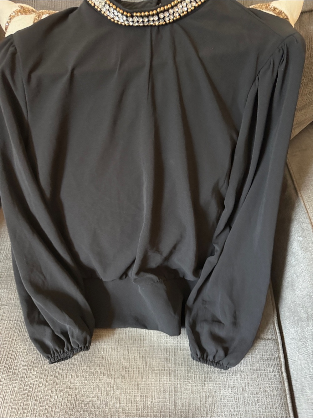 Black Jeweled-Neck Blouse - Women Tops